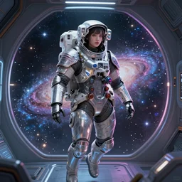 portrait armored astronaut girl, floating inside spaceship command room viewing galaxy, ssci-fi mirror neon reflect light and fantasy, intricate and very very beautiful and elegant, highly detailed, digital painting, artstation, concept art, smooth and sharp focus, illustration, art by tian zi and WLOP and alphonse mucha