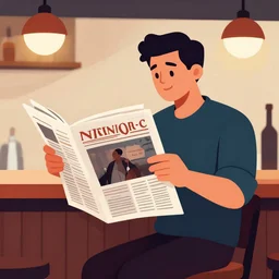 man reading newspaper in a bar, vector art