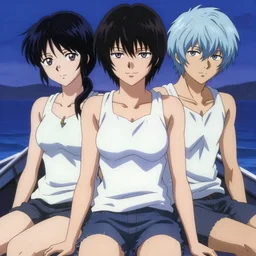 style of madhouse anime, rei hiroe, revy from black lagoon, symmetrical eyes and symmetrical face, jean shorts, white tank top, on a boat, smirk on face, evening