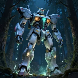 a giant robot standing in a forest at night, a glowing fluid is dripping down from the mech