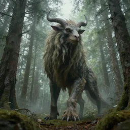 mythical beast monster in a swedish forest, very low angle photograph, very detailed, trending on artstation, realistic, soft colors, simon stalenhag, lovecraft, horror