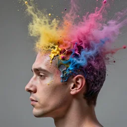 still shot close up footage of a human head explodes and disintegrates into a huge mass of coloured powder and splashing paint, motion blur, hyperrealistic, medical, intricate art photography, anatomically correct, realistic crisp textures, 1 6 k