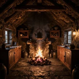 a rendering of interior of a hebridean crofter's black house dwelling in scotland, cozy, open peat fire in center of room, stone floor, smokey, cabinets, wooden furtniture, very low ceiling, turf roof, small windows, large hanging kettle, bloom, soft lamp light, volumetric lighting, dark, dingy, old, unreal engine 5 render