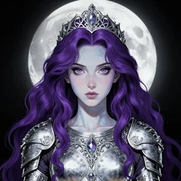 portrait of hannah fierman as young slim mighty prophetess of the moon, silver filigree armor and tiara, moon above head, purple wavy hair, translucent skin, large striking eyes, beautiful! coherent! by brom, by junji ito, strong line, high contrast, muted color