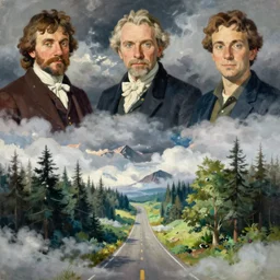 painting by sargent and leyendecker and greg hildebrandt savrasov levitan polenov, studio ghibly style mononoke, middle earth above the layered low clouds road between forests trees faroe azores overcast storm masterpiece