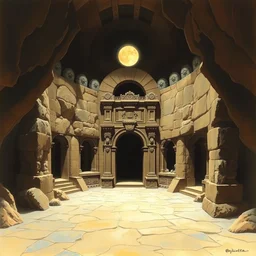 the grand entrance to the underground labyrinth below the palace of knossos. fantasy art by frazetta ; highly - detailed.