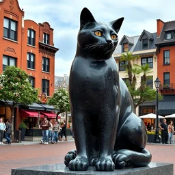 giant granite statue of black cat in town square,