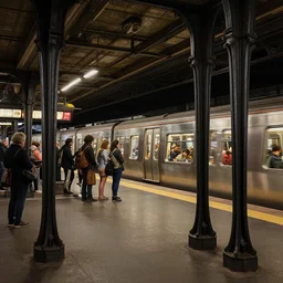 subway station with black curved iron pillars, arriving subway train!!!, passengers waiting on the platform, low angle, (((((steampunk))))), detailed intricate octane renderer,  8K sparsely lit art by artgerm and greg rutkowski and alphonse mucha