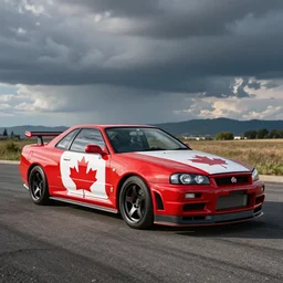 nissan skyline r34 with canadian flag paintwork, photography, realistic, detailed