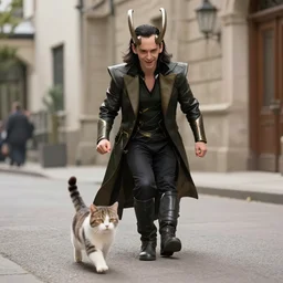 high definition snapshot from a movie of loki with a cute cat running together in the streets of ny, 2 4 mm, photorealistic, photography, disney plus, loki, cute, professional photography, directed by wes anderson