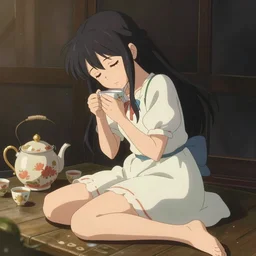 a girl cosplaying as sleepytime tea, adorable outfit, full shot, atmospheric lighting, perfectly shaded body, detailed face, by makoto shinkai, stanley artgerm lau, wlop, rossdraws