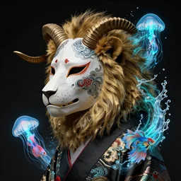 lion - up profile portrait biomechanics with ram skull. beautiful intricately detailed japanese wolf kitsune mask and clasical japanese kimono. betta fish, jellyfish phoenix, bio luminescent, plasma, ice, water, wind, creature, artwork by tooth wu and wlop and beeple and greg rutkowski. gold black teal and blue color scheme