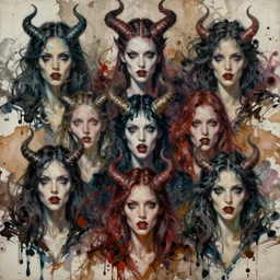 A painting of a chaotic pattern of realistic demonic women portraits, each with a different facial expression of madness by christian weiss, ruan jia, pollock, marjorie cameron, 35mm, f2.8, nikon, expressive brush strokes, breathtaking render, unreal engine, william Godward, cyberpunk, blessed by eris, chaos, punk, terror, insane composition, water color splash, coffee stain, burnt paper, jeremy mann, smeared result