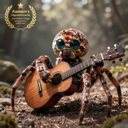 a spider playing a guitar, cataracts on eyes digital art