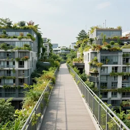 a medium wide shot of a utopian city walkway on top of buildings, green plants