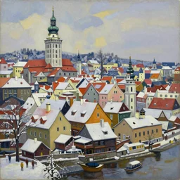 cesky krumlov in winter by jeffrey smith, cubism, 3 d depth, oil on canvas, matte, trending art station, masterpiece
