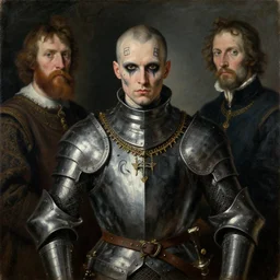 portrait of a medieval warrior, goth punk, tattoos, a flemish baroque by alexander mcqueen, art by john collier by greg rutkowski and craig mullins, oil on canvas