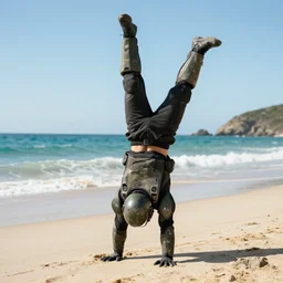 master chief doing a handstand on a beautiful beach