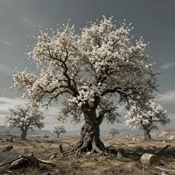 4 k hd, high detail photograph of blossoming tree in mordor landscape, apocalyptic scenery, shot with sigma f / 4. 2, 2 5 0 mm sharp lens, wide shot, consistent, volumetric lighting, high level texture render