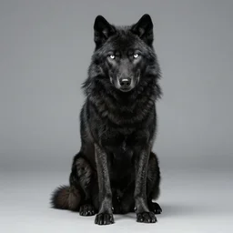a black wolf sitting alone with white eyes, studio lighting