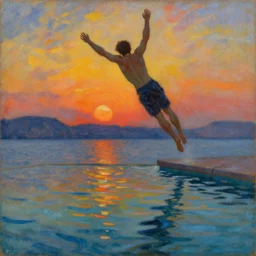 man jumping in a pool of petroleum at sunset. painting by caravaggio, monet