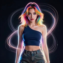 a award winning portrait of a beautiful woman with stunning eyes in a one off shoulder croptop and cargo pants with rainbow colored hair, outlined by whirling illuminated neon lines and fine lines swirling in circles by greg tocchini, digital art, trending on artstation