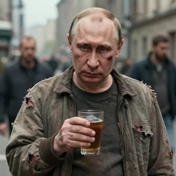 putin as homeless man, alcoholic, city madman, torn clothes, bruises, artstation, artgerm, 8 k, highly detailed, rossdraws, frank frazetta, andrei riabovitchev, marc simonetti