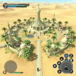 an isolated inhabited religious warrior village with pale colored spiritual sacred alien architecture in the lush oasis of a vast sand desert, 3 rd person game, screenshot, gameplay, walkthrough, final fantasy, ffx, ff 8, kh 3, tales of arise, ff 7 remake, square enix, jrpg, cutscene, unreal engine, 4 k, rtx, next gen, tech demo