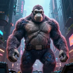 king Kong in a cyberpunk japanese city,well detailed, Photo realistic, high definition, 8k