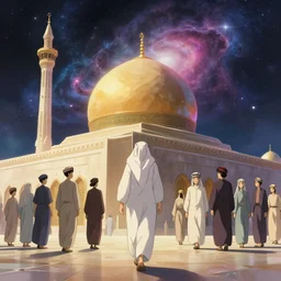 bedouin walking towards mosque surrounded by nebula, artstation, detailed cartoon, elegant, digital painting, concept art, smooth, sharp focus, illustration, ghibli, makoto shinkai, don bluth, fujita goro, jean giraud, akihiko yoshida, tom whalen 8 k