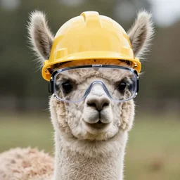 an alpaca wearing a construction helmet and safety goggles