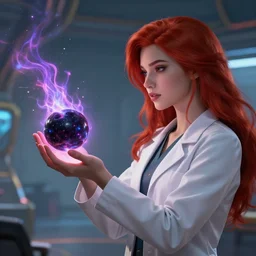 league of legends concept art beautiful young female scientist holding small black hole on palms of her hands, white lab coat, long red hair, futuristic interior in background, black hole with plasma jets, art by charles liu, close up profile shot, fantasy style, soft lighting, vibrant color scheme, volumetric lighting, octane render, commission art, 8 k wallpaper