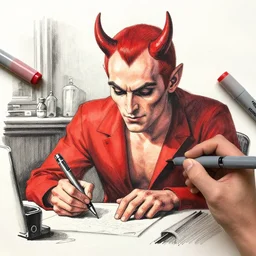expressive and intensive, black ink & copic markers, vibrant muted colors, nostalgic still of [ the devil himself ] [ doing the dishes ], sideview, medium shot, by ( arthur adams ), by ( tom bagshaw ), by henry asencio, by kikuchi hideyuki