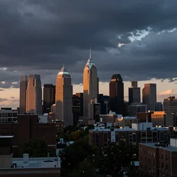 the philadelphia skyline at dusk, dramatic, epic, cinematic