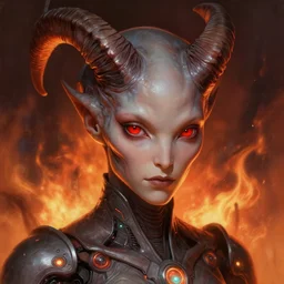 portrait of realistic alien with horns. red eyes, human eyes, background flames, sci - fi, tech wear, glowing lights!! intricate, elegant, highly detailed, digital painting, artstation, concept art, smooth, sharp focus, illustration, art by wayne barlowe, in the style of lee jeffries