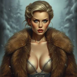 grace kelly with bear fur coat with decollete and bra | | winter, realistic shaded, unpleasant face, bad looking, fine details, realistic shaded lighting poster by greg rutkowski, magali villeneuve, artgerm, jeremy lipkin and michael garmash and rob rey