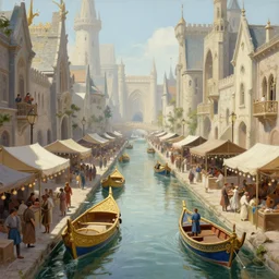 a busy fantasy street day market from within a fascinating old city, water streets with gold and blue accented boats by sylvain sarrailh, by sebastian luca, by nicodemus yang - mattisson, cinematic, simple but effective composition, clean lines, beautiful digital painting, oil painting, dungeons and dragons, lord of the rings