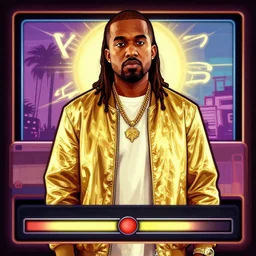 illustration gta 5 artwork of holy saint kanye west, gold, ( jesus ), in the style of gta 5 loading screen, by stephen bliss