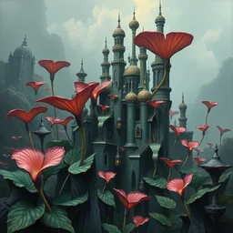 abstract monstera plant city, muted colors, highly detailed surrealist painting, by michael divine by yvonne mcgillivray by michael divine by mandy jurgens by michael divine, monstera plant buildings, moody color palette, very very very beautiful, monstera plant architecture