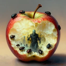 horde of bugs eating the inside of an apple, close up of an apple, by zdzislaw beksinski, by dariusz zawadzki, by wayne barlowe, gothic, surrealism, cosmic horror, lovecraftian, cold hue's, warm tone gradient background, concept art, beautiful composition
