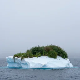 an iceberg with overgrown plants on top, middle of the ocean, morning fog