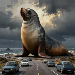 a very giant old south american fur seal australis in a route full of cars, by goya, russian constructivism, zoom out, dramatic ilumination