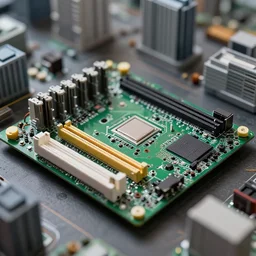 computer [ [ motherboard ] ]. the closer you look, the more it looks like a living breathing miniature city. tilt shift lens f 1. 4. 8 k