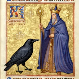 bad drawed mix between a crow and a mage king in a medieval manuscript, medieval manuscript, golden miniatures