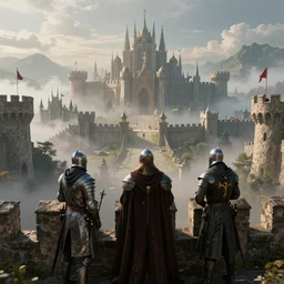 three medieval soldiers atop a castle wall looking over a vast medieval kingdom rule by an evil king. it is a quiet morning. mist, epic, cinematic, volumetric lighting, fantasy style, highly - detailed, unreal 5, realism