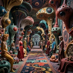 Prometheus biological sci-fi corridor set in a nightmarish universe of odd forms and somber tapestry, humans exploring, HR Giger and  Zdzisław Beksiński, vivid color scheme, featured in artstation, octane render, cinematic, elegant, intricate, 8k