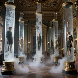 room filled with elaborate byzantine cryogenic glass tubes with floating bodies spilling white smoke, by greg rutkowski, zdzisław beksinski, anato finnstark, and rembrandt