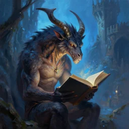 minotaur is reading a book of magic in fantasy castle  on trending oil painting on artstation with blue backlight