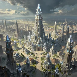 a detailed illustration of a sprawling fantasy City with crystal tower in the middle in the style of moebius