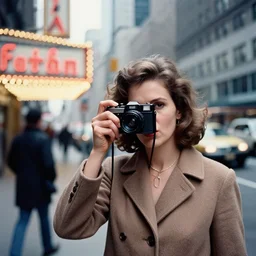 analog film photography of a woman on madison avenue, new york city 1 9 6 3. by vivian maier. american street photography, candid, marquee lights glow in the background, 3 5 mm lens, kodak brownie camera, in - frame